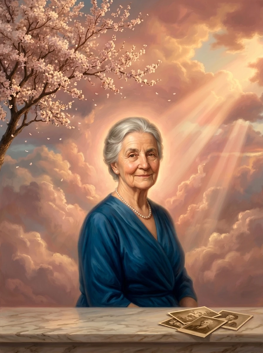 Gedenkportrait in Öl: Margarete am schöneren Ort, im warmen Morgenlicht